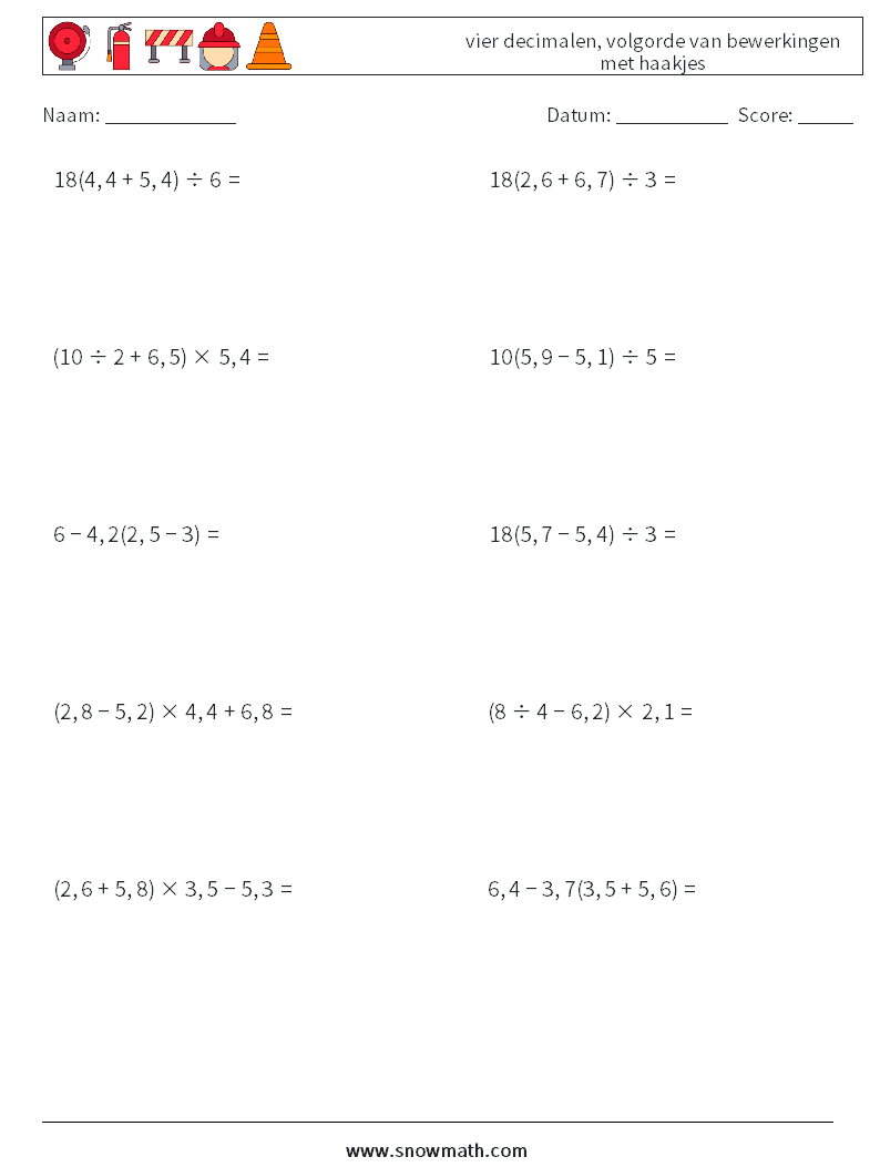 (10) vier decimalen, volgorde van bewerkingen met haakjes Wiskundige werkbladen 7