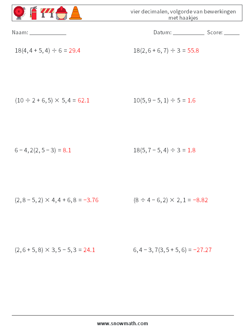 (10) vier decimalen, volgorde van bewerkingen met haakjes Wiskundige werkbladen 7 Vraag, Antwoord