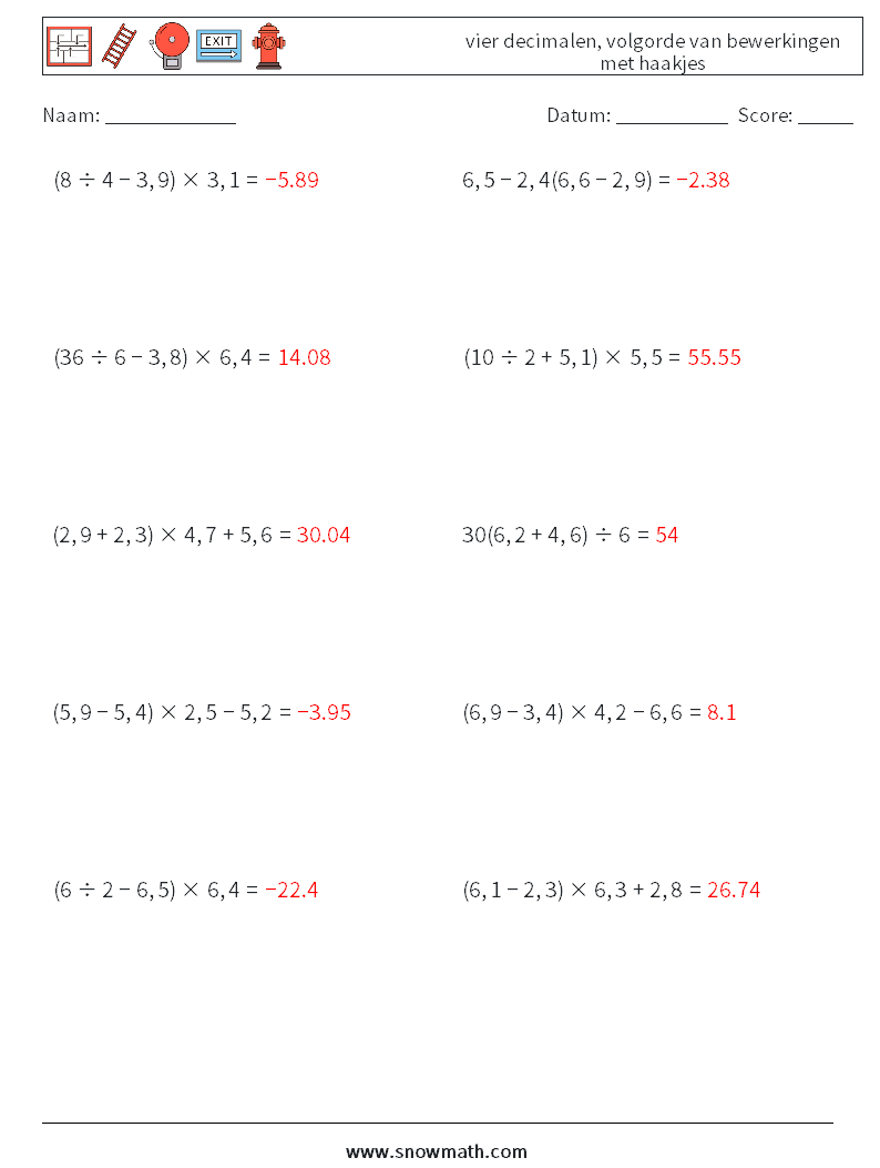 (10) vier decimalen, volgorde van bewerkingen met haakjes Wiskundige werkbladen 8 Vraag, Antwoord