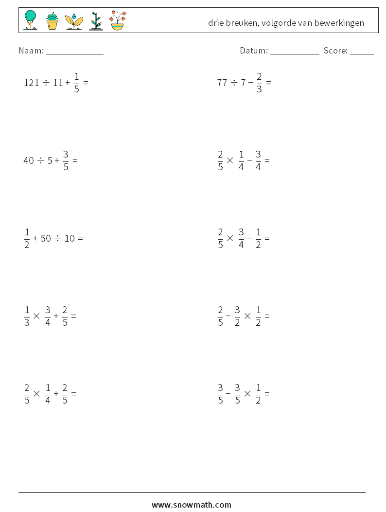 (10) drie breuken, volgorde van bewerkingen Wiskundige werkbladen 10