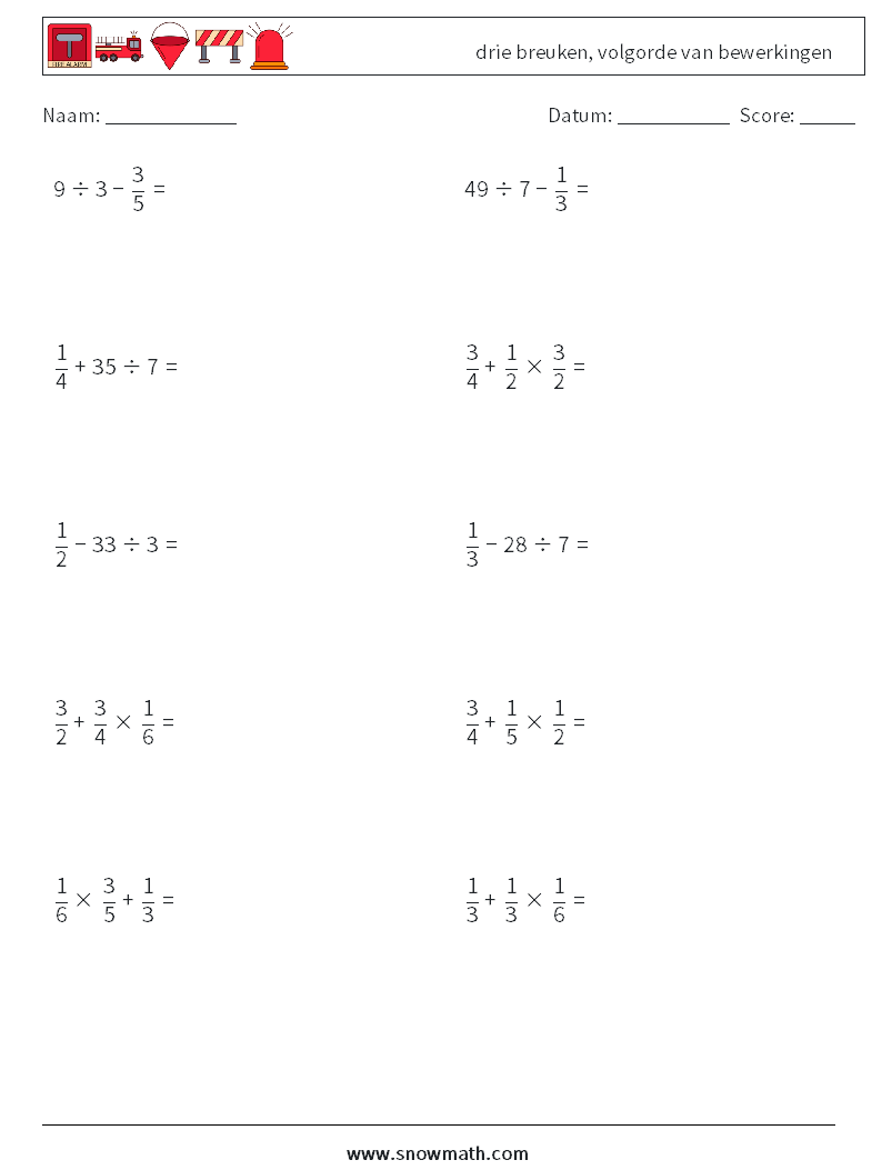 (10) drie breuken, volgorde van bewerkingen Wiskundige werkbladen 12