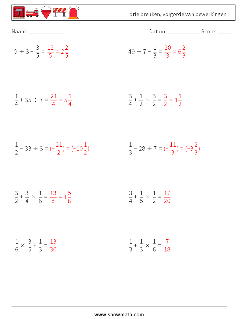 (10) drie breuken, volgorde van bewerkingen Wiskundige werkbladen 12 Vraag, Antwoord