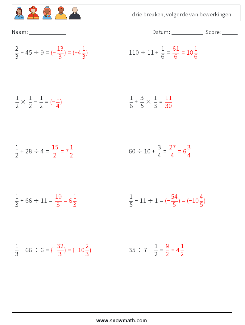 (10) drie breuken, volgorde van bewerkingen Wiskundige werkbladen 15 Vraag, Antwoord