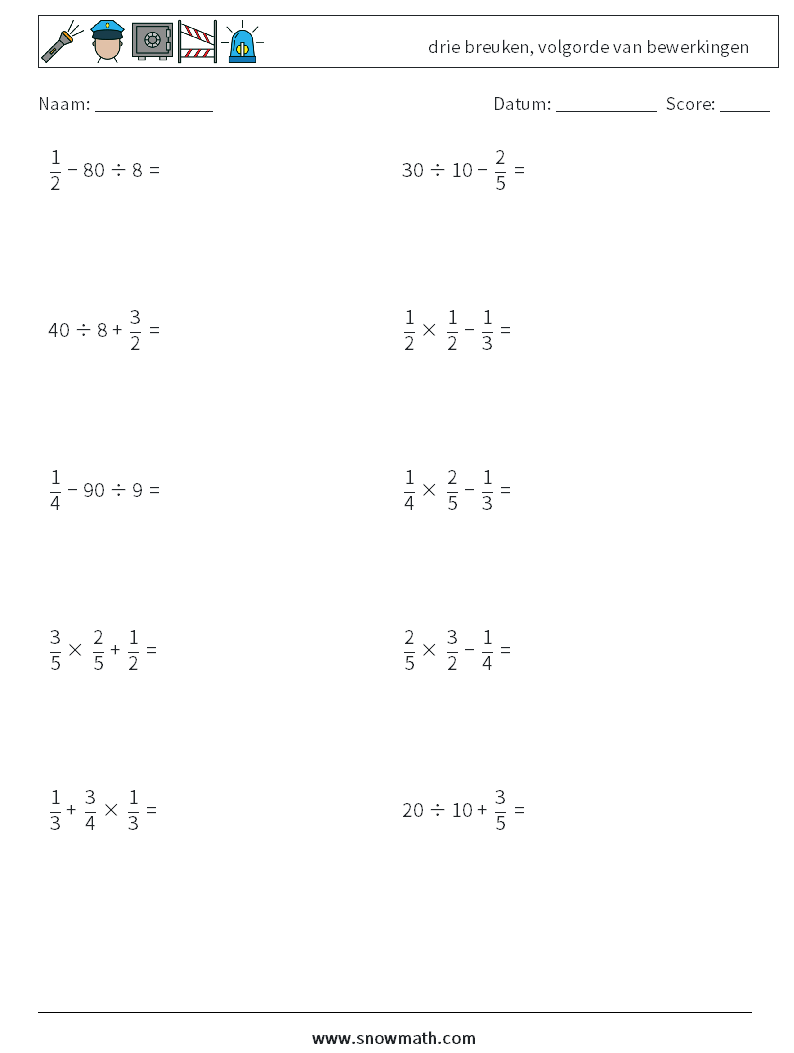 (10) drie breuken, volgorde van bewerkingen Wiskundige werkbladen 3