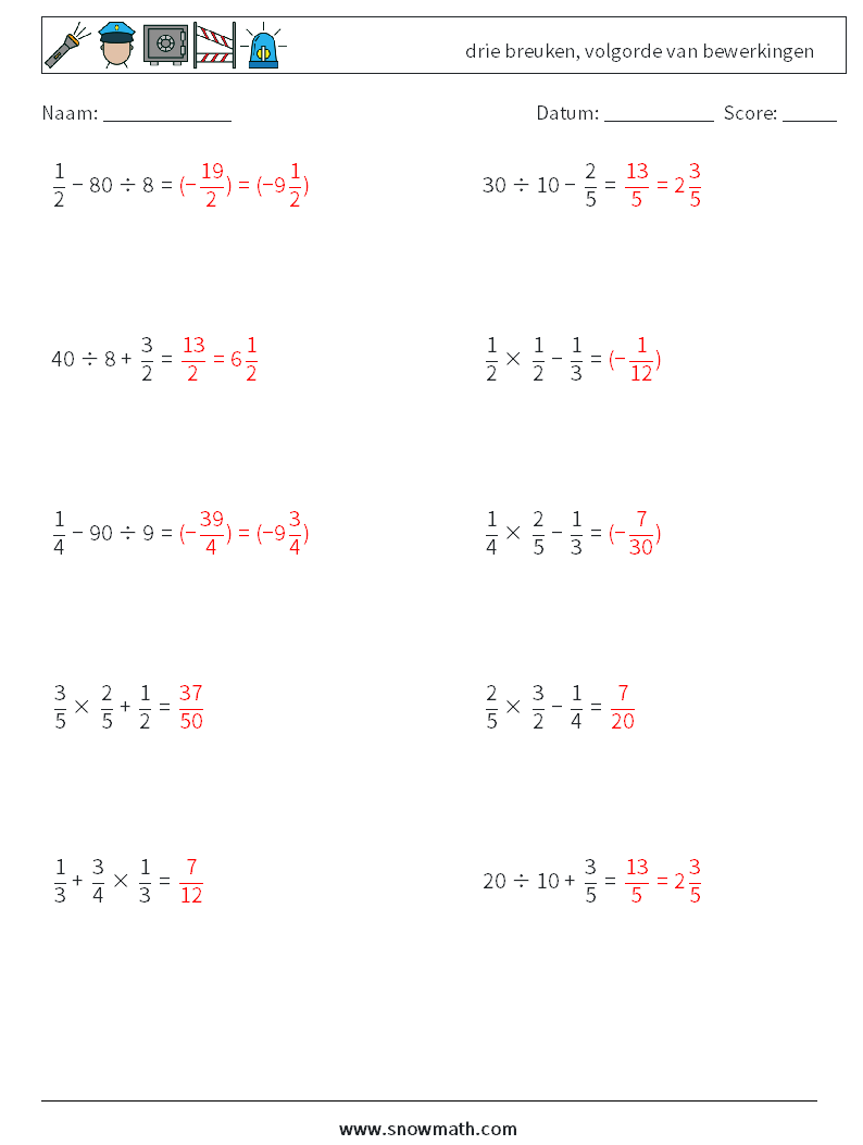 (10) drie breuken, volgorde van bewerkingen Wiskundige werkbladen 3 Vraag, Antwoord
