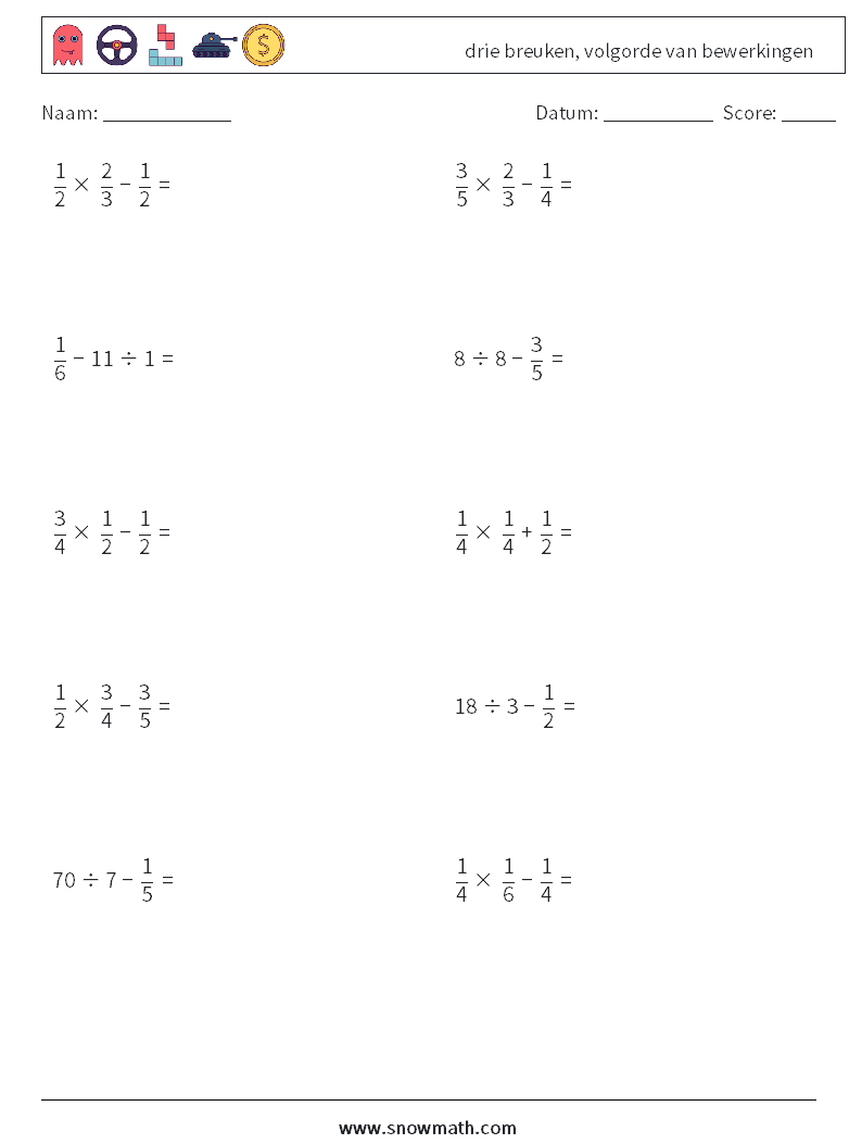 (10) drie breuken, volgorde van bewerkingen Wiskundige werkbladen 7