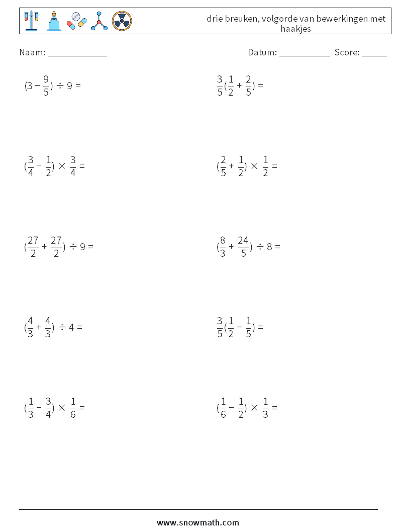 (10) drie breuken, volgorde van bewerkingen met haakjes Wiskundige werkbladen 10