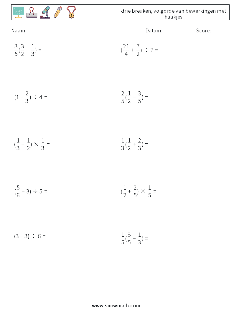 (10) drie breuken, volgorde van bewerkingen met haakjes Wiskundige werkbladen 2