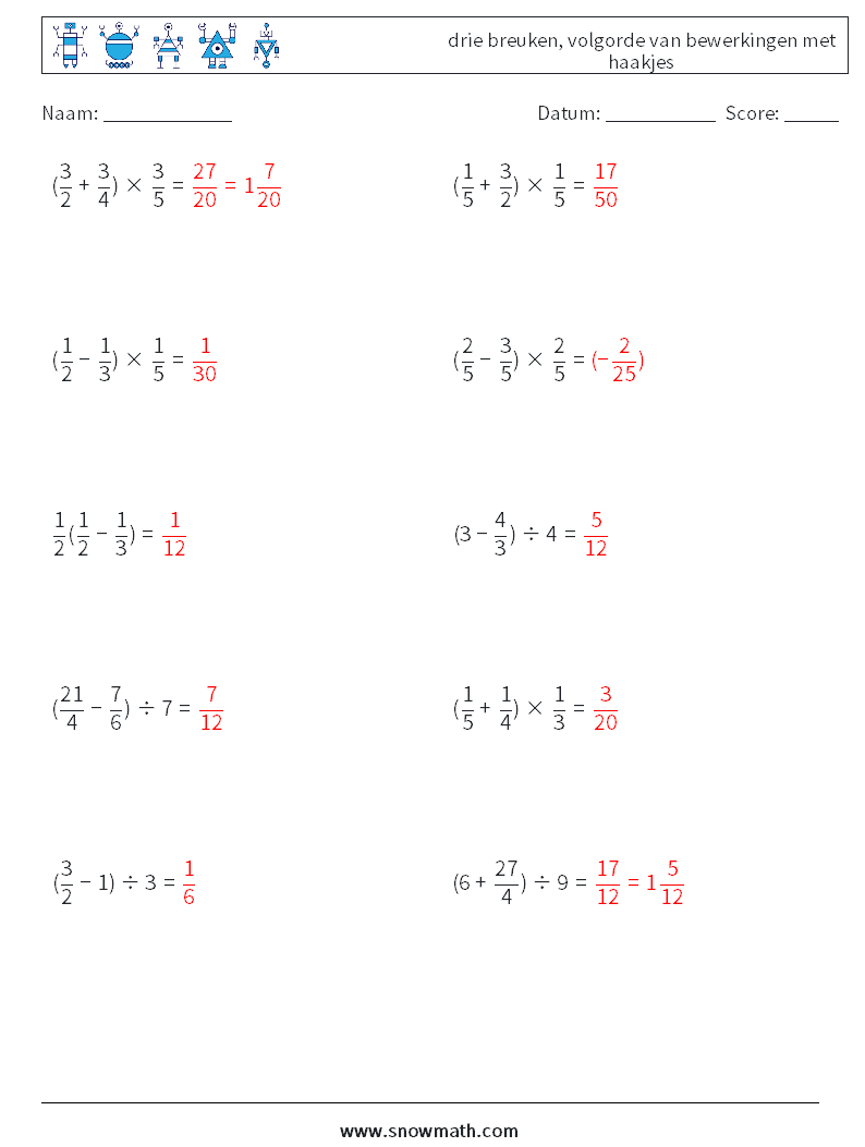 (10) drie breuken, volgorde van bewerkingen met haakjes Wiskundige werkbladen 9 Vraag, Antwoord