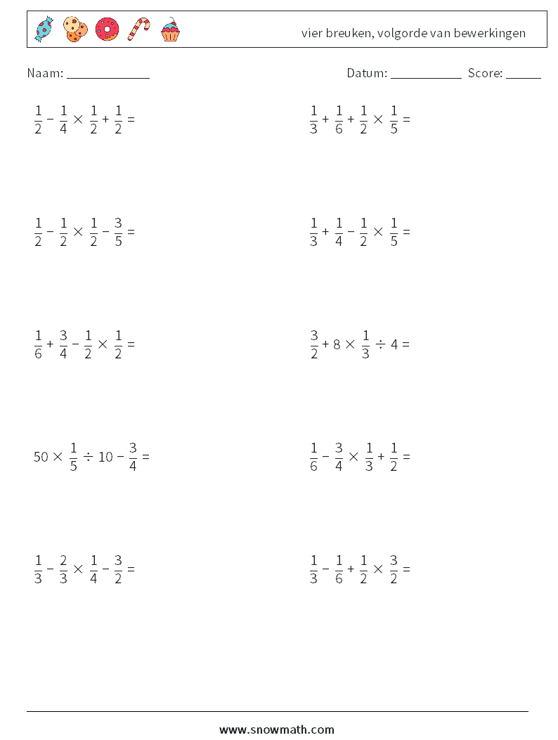 (10) vier breuken, volgorde van bewerkingen Wiskundige werkbladen 1
