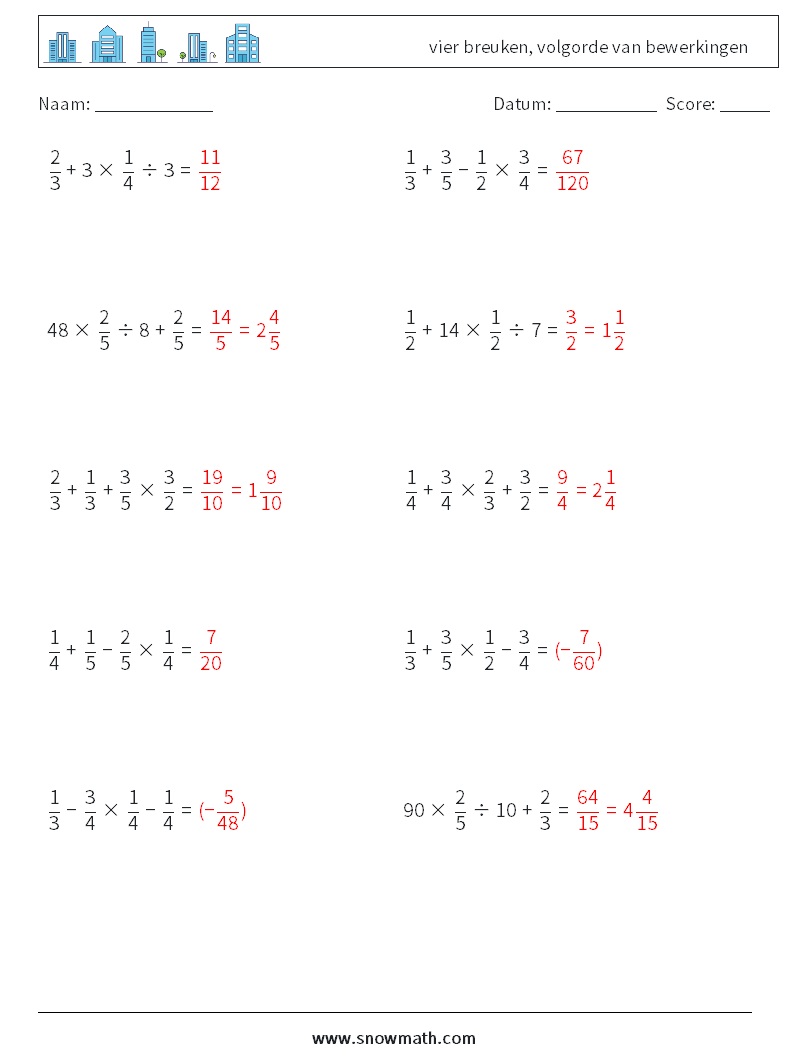 (10) vier breuken, volgorde van bewerkingen Wiskundige werkbladen 3 Vraag, Antwoord