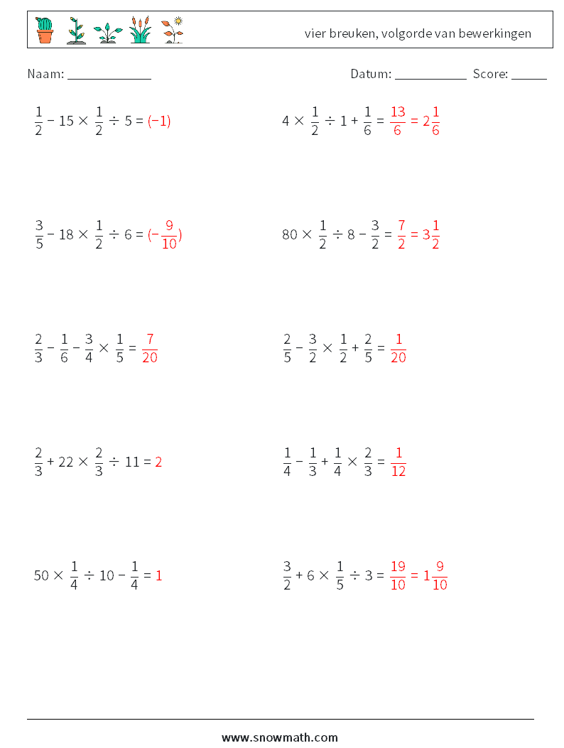 (10) vier breuken, volgorde van bewerkingen Wiskundige werkbladen 5 Vraag, Antwoord