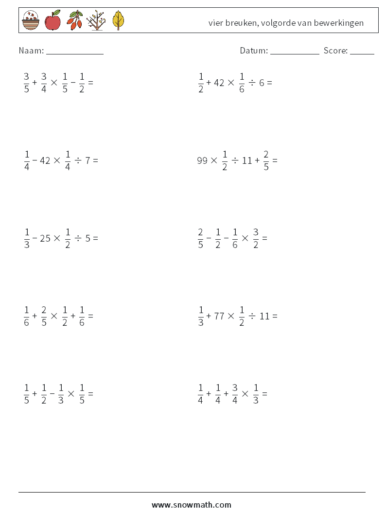 (10) vier breuken, volgorde van bewerkingen Wiskundige werkbladen 7
