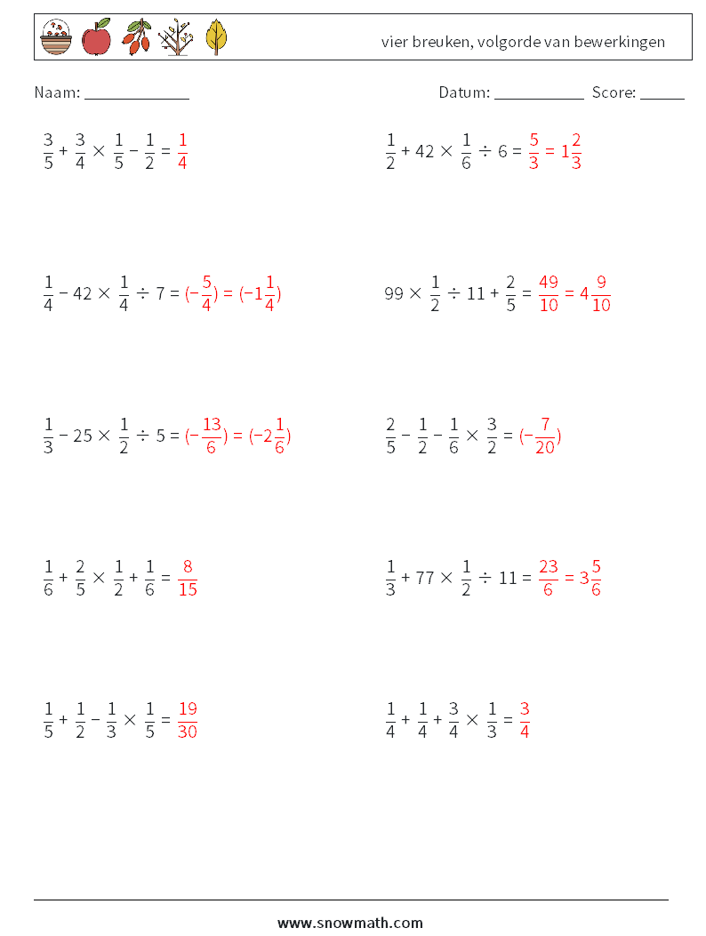 (10) vier breuken, volgorde van bewerkingen Wiskundige werkbladen 7 Vraag, Antwoord