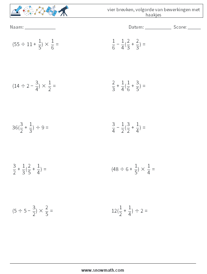 (10) vier breuken, volgorde van bewerkingen met haakjes Wiskundige werkbladen 10