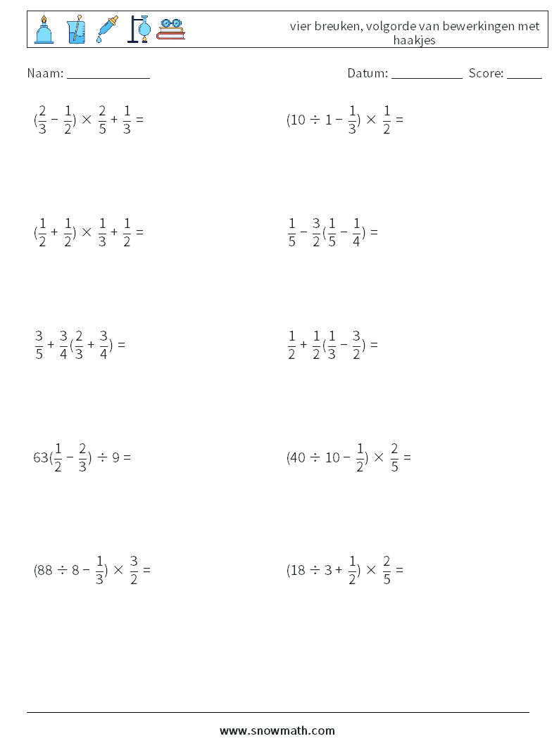 (10) vier breuken, volgorde van bewerkingen met haakjes Wiskundige werkbladen 12
