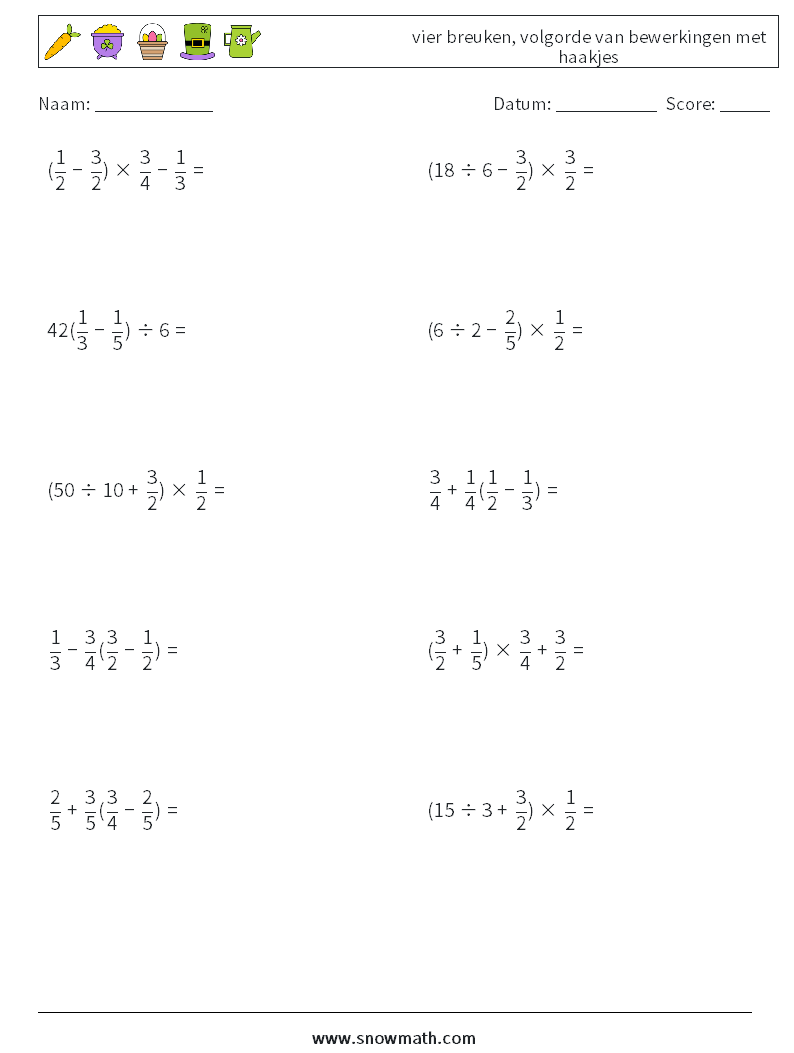 (10) vier breuken, volgorde van bewerkingen met haakjes Wiskundige werkbladen 18