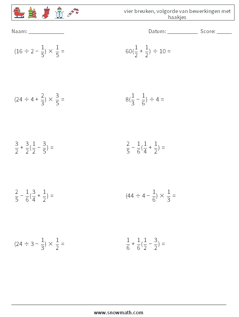 (10) vier breuken, volgorde van bewerkingen met haakjes Wiskundige werkbladen 2