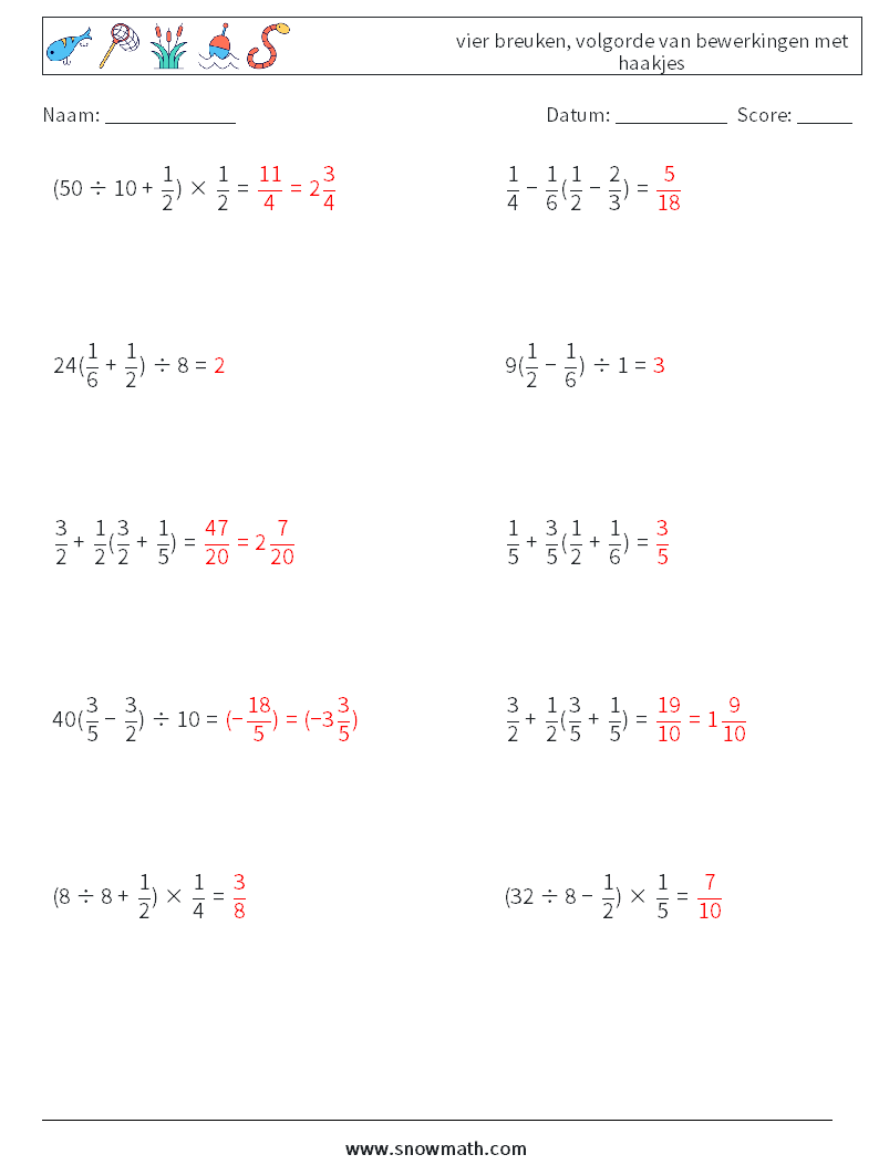 (10) vier breuken, volgorde van bewerkingen met haakjes Wiskundige werkbladen 7 Vraag, Antwoord
