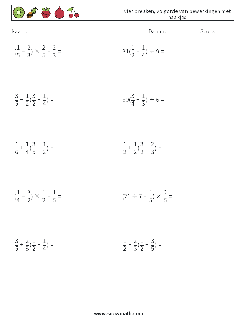 (10) vier breuken, volgorde van bewerkingen met haakjes Wiskundige werkbladen 9
