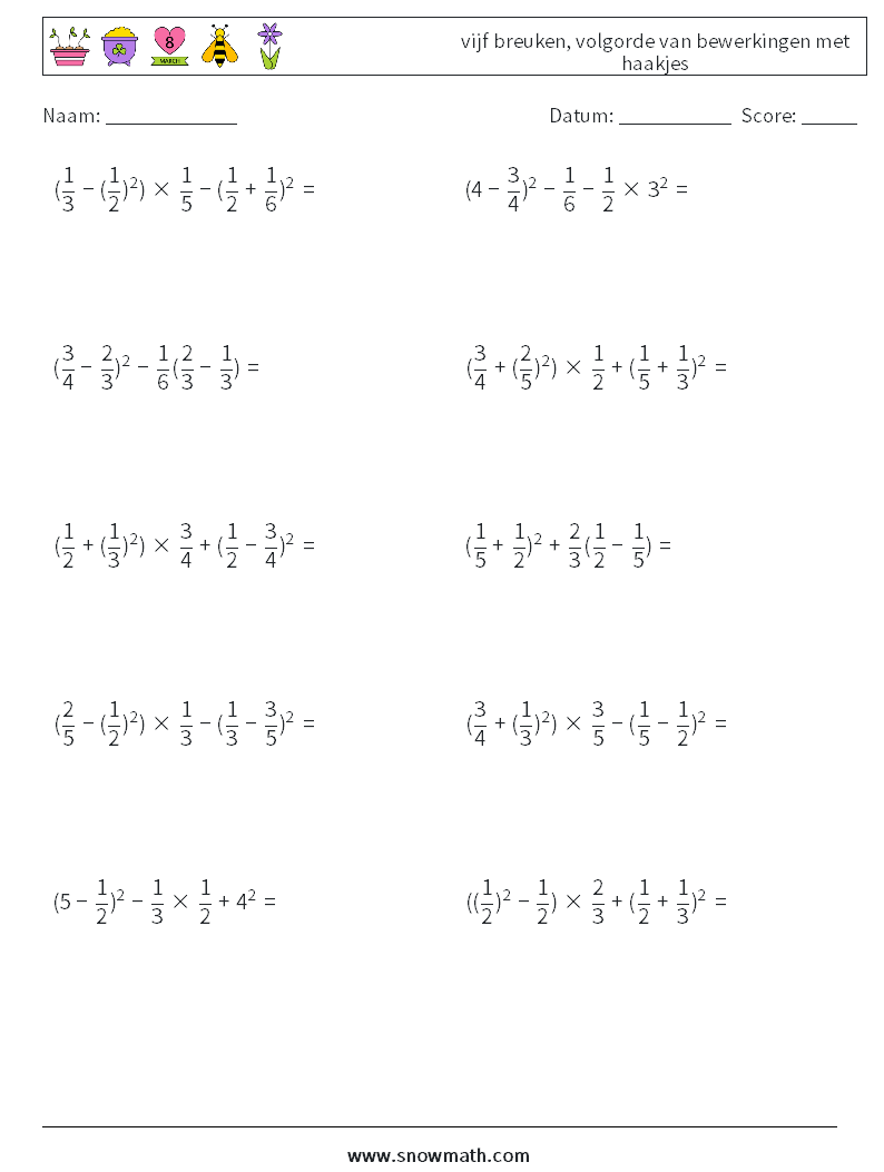 (10) vijf breuken, volgorde van bewerkingen met haakjes Wiskundige werkbladen 18