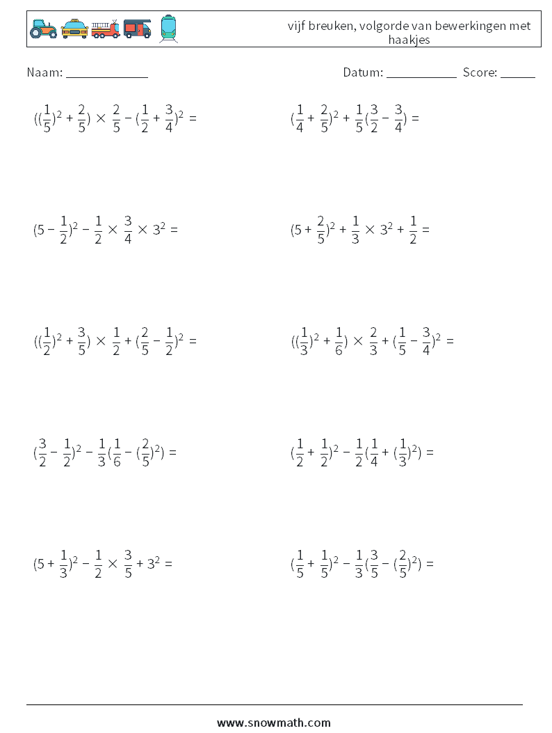 (10) vijf breuken, volgorde van bewerkingen met haakjes Wiskundige werkbladen 4