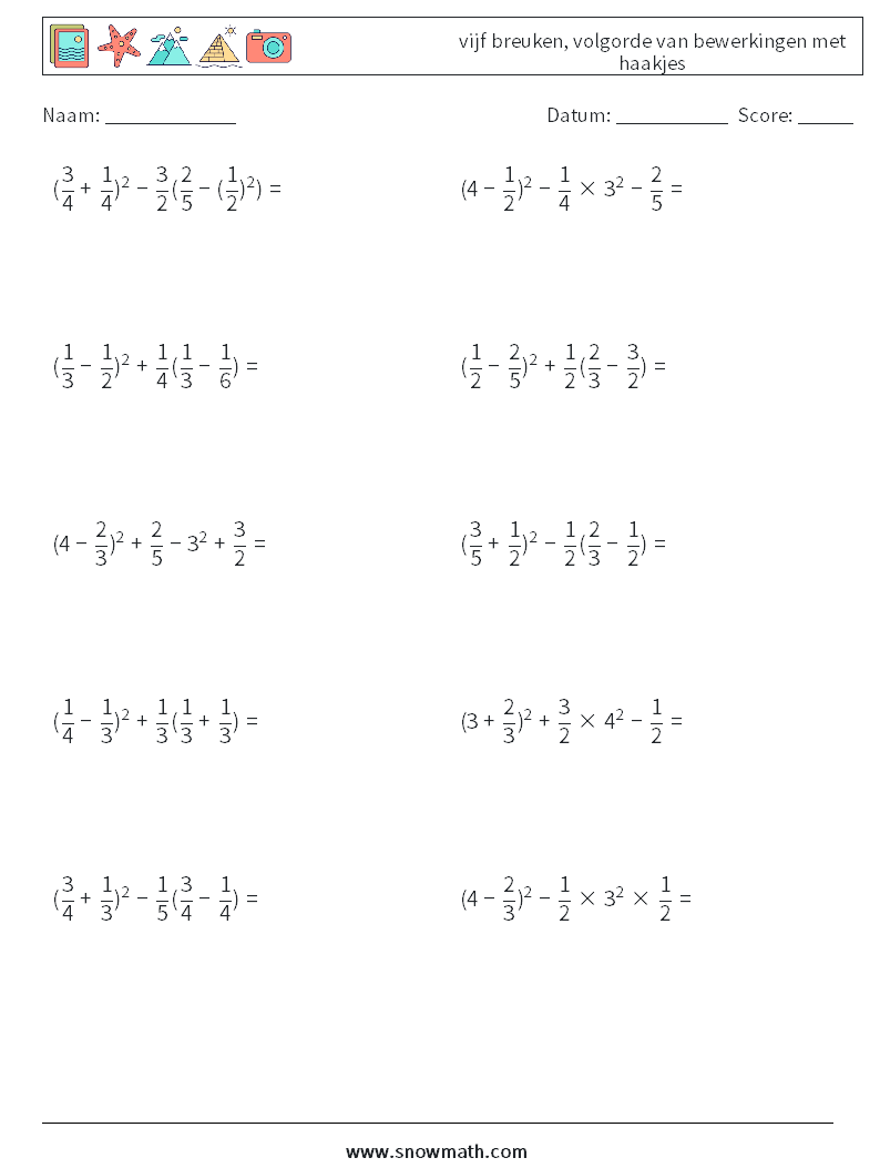 (10) vijf breuken, volgorde van bewerkingen met haakjes Wiskundige werkbladen 5
