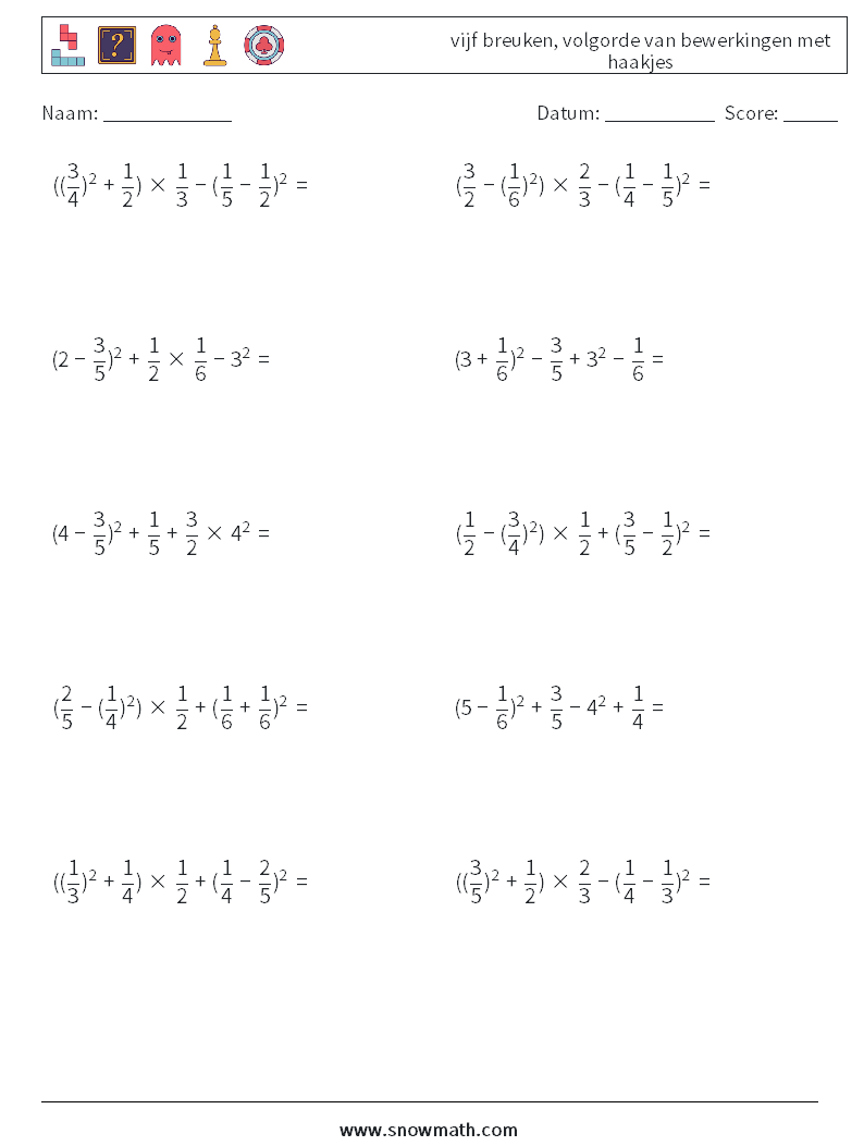 (10) vijf breuken, volgorde van bewerkingen met haakjes Wiskundige werkbladen 7