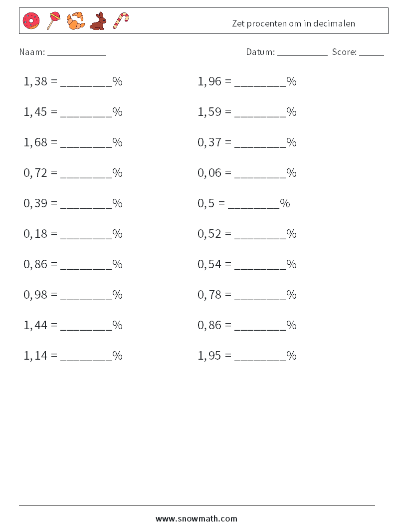 Zet ​​procenten om in decimalen Wiskundige werkbladen 2