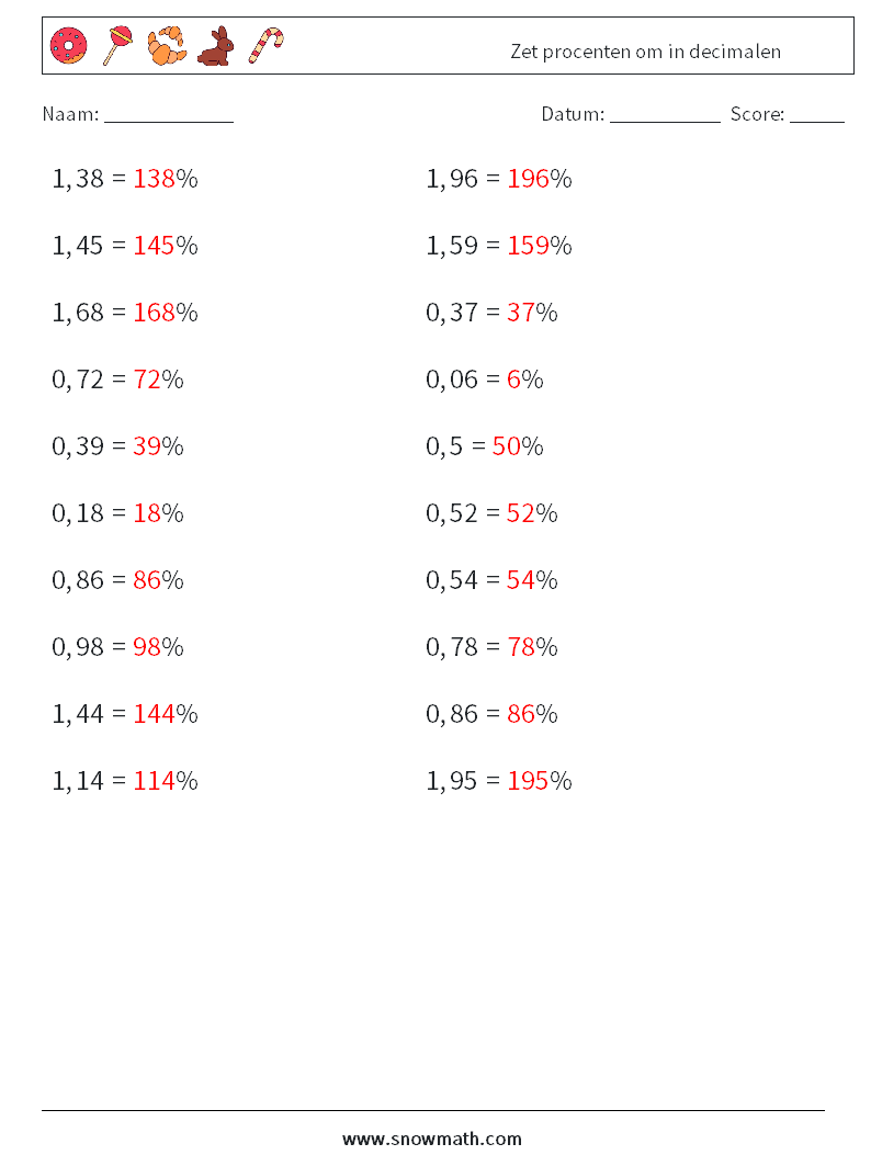 Zet ​​procenten om in decimalen Wiskundige werkbladen 2 Vraag, Antwoord