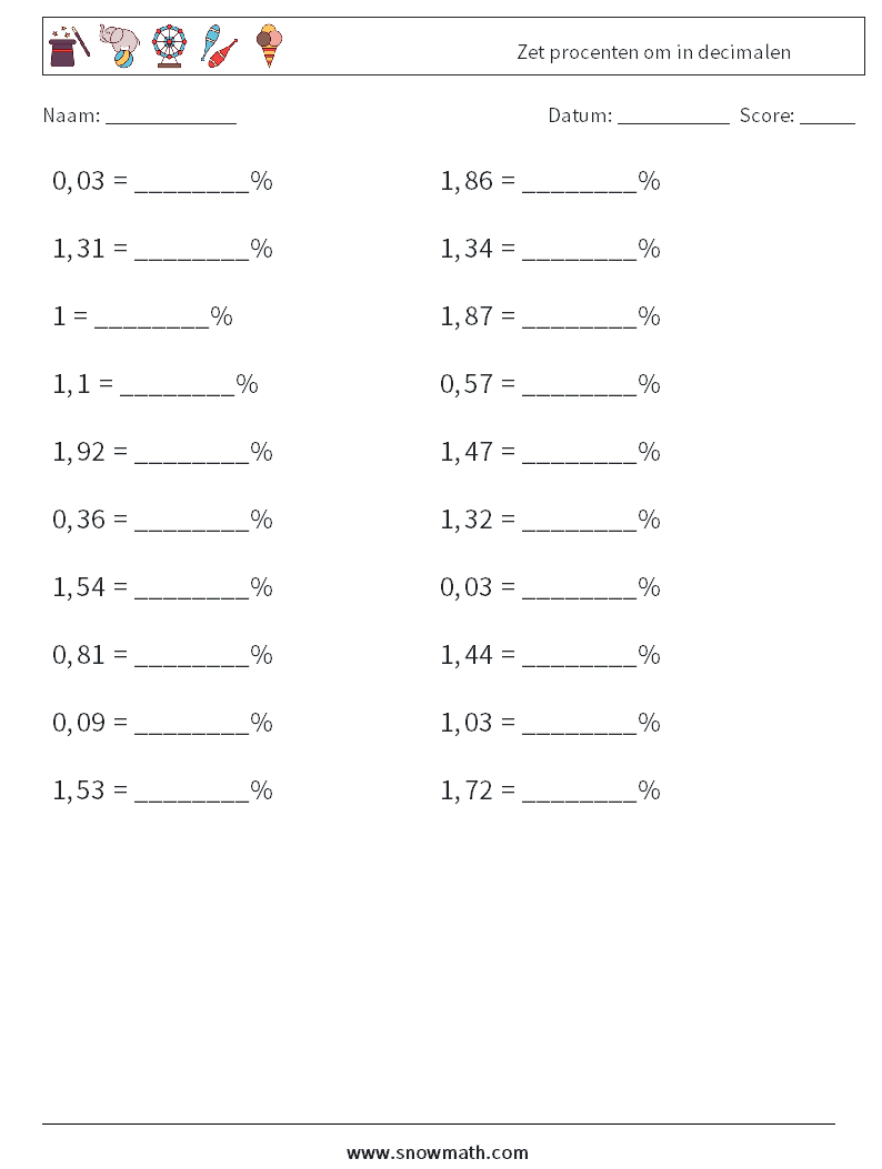 Zet ​​procenten om in decimalen Wiskundige werkbladen 3