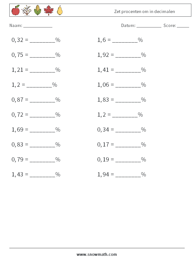 Zet ​​procenten om in decimalen Wiskundige werkbladen 4