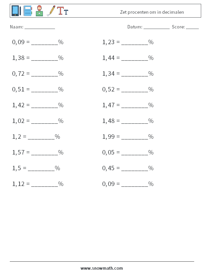 Zet ​​procenten om in decimalen Wiskundige werkbladen 5