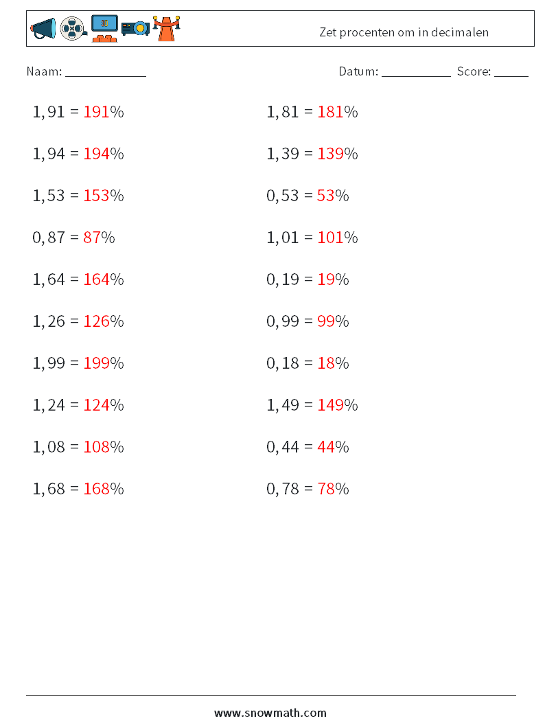 Zet ​​procenten om in decimalen Wiskundige werkbladen 6 Vraag, Antwoord