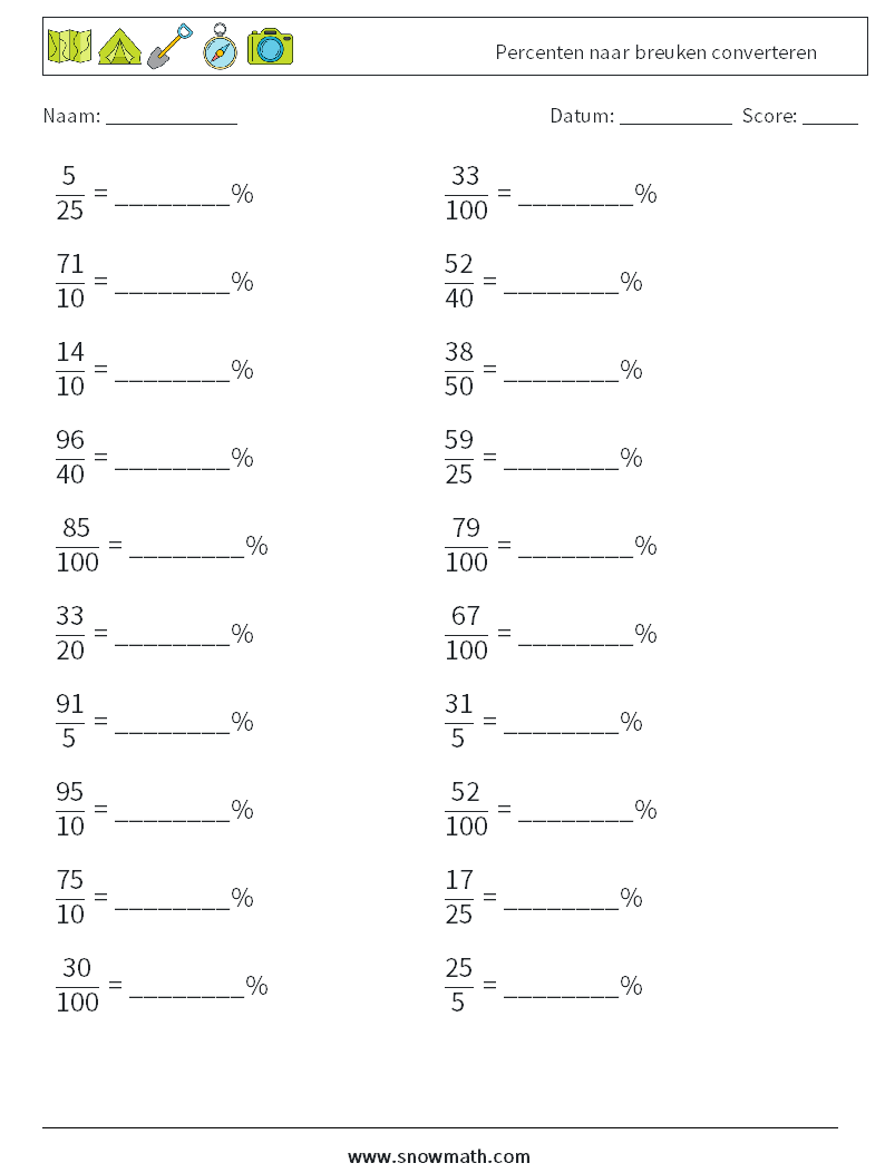 Percenten naar breuken converteren Wiskundige werkbladen 2