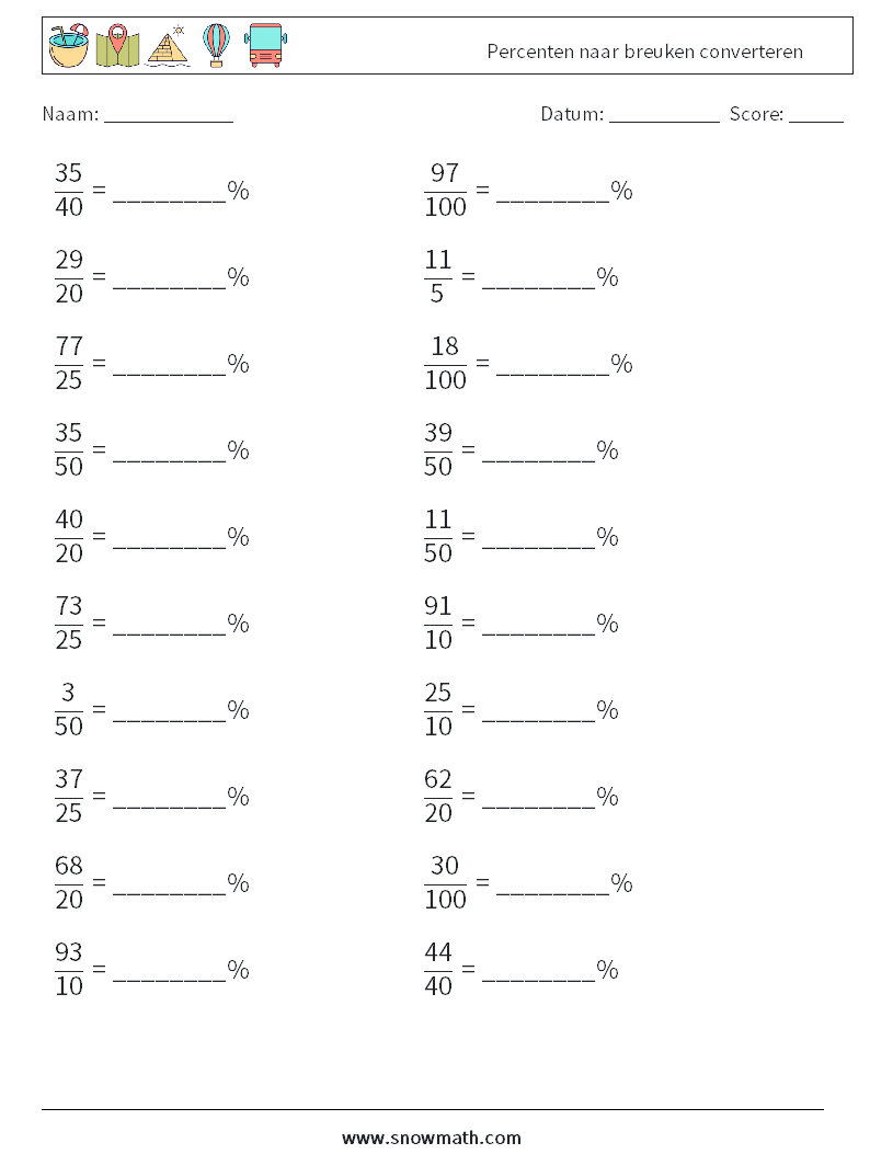 Percenten naar breuken converteren Wiskundige werkbladen 3