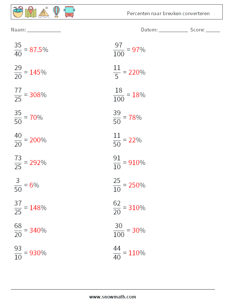 Percenten naar breuken converteren Wiskundige werkbladen 3 Vraag, Antwoord