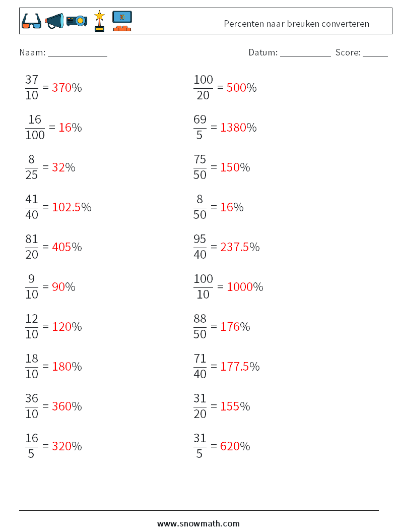 Percenten naar breuken converteren Wiskundige werkbladen 4 Vraag, Antwoord