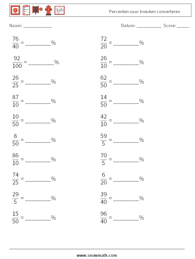 Percenten naar breuken converteren Wiskundige werkbladen 5