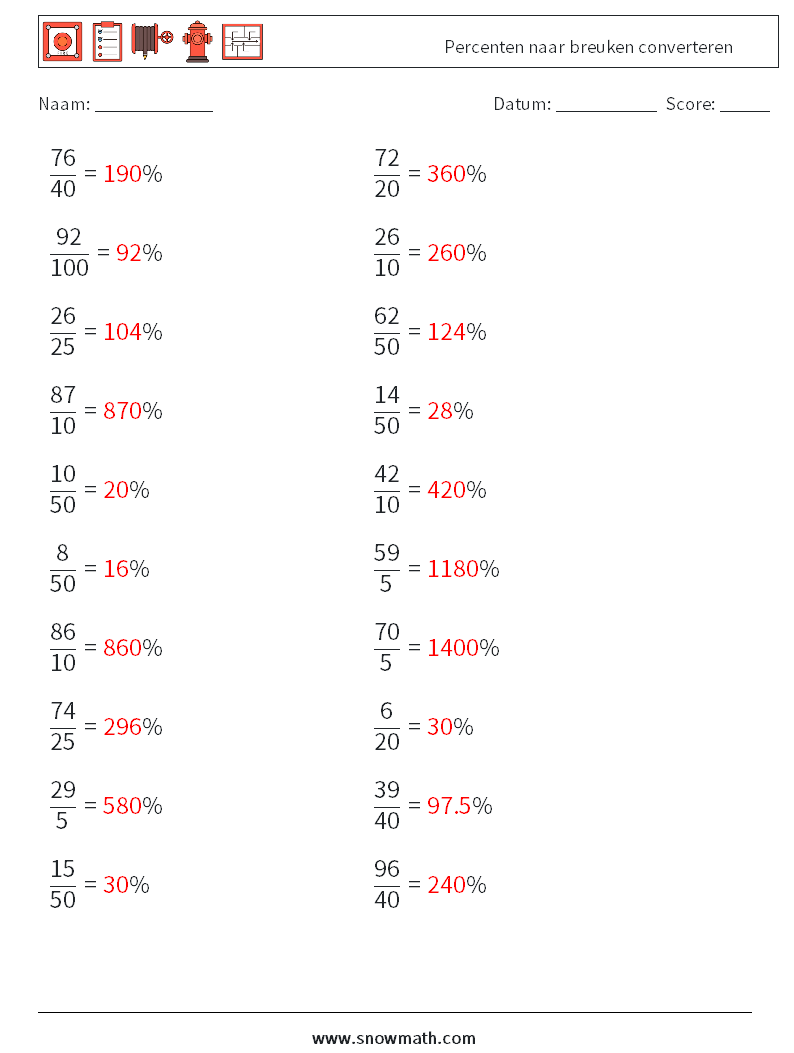 Percenten naar breuken converteren Wiskundige werkbladen 5 Vraag, Antwoord