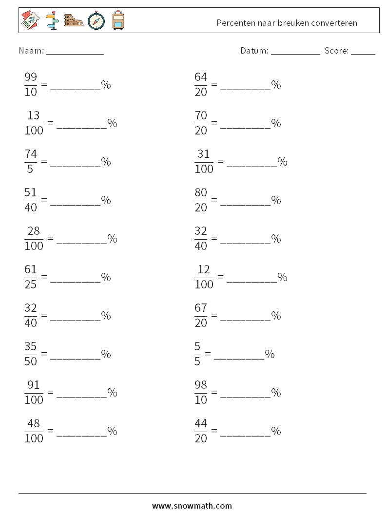 Percenten naar breuken converteren Wiskundige werkbladen 6