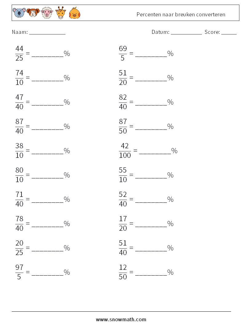 Percenten naar breuken converteren Wiskundige werkbladen 8