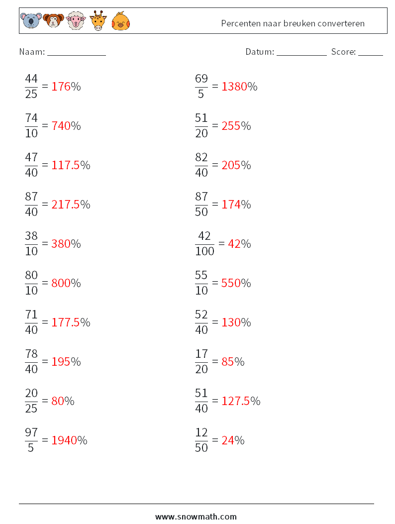 Percenten naar breuken converteren Wiskundige werkbladen 8 Vraag, Antwoord