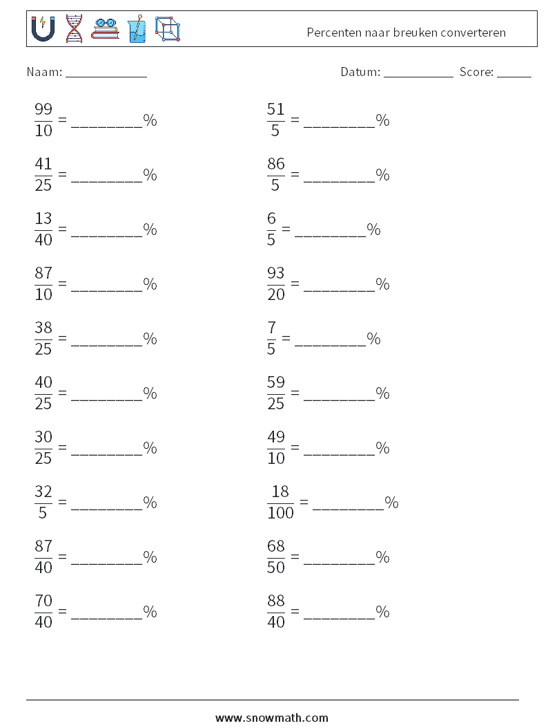 Percenten naar breuken converteren Wiskundige werkbladen 9