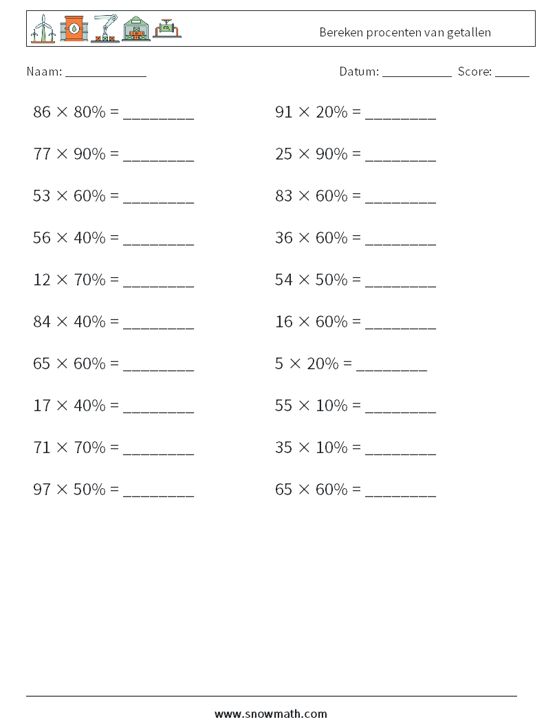 Bereken procenten van getallen Wiskundige werkbladen 3
