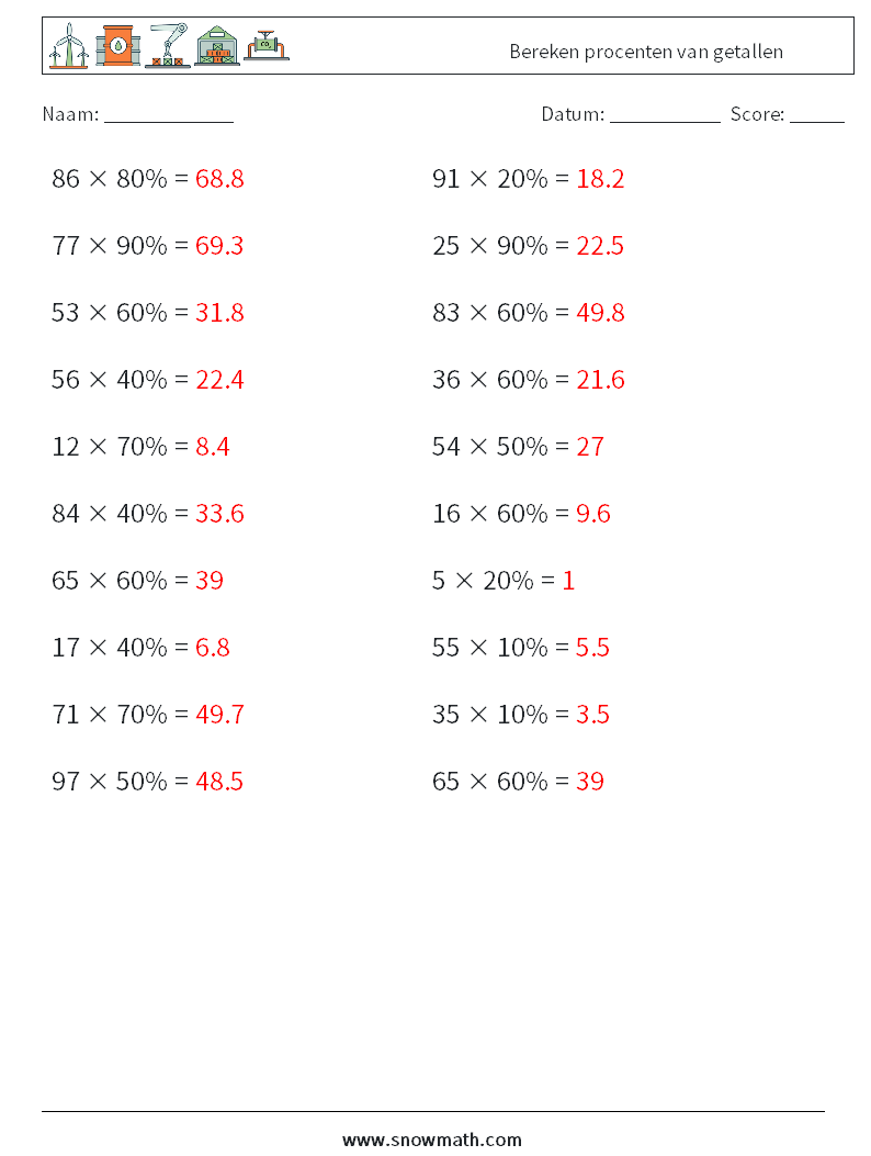 Bereken procenten van getallen Wiskundige werkbladen 3 Vraag, Antwoord