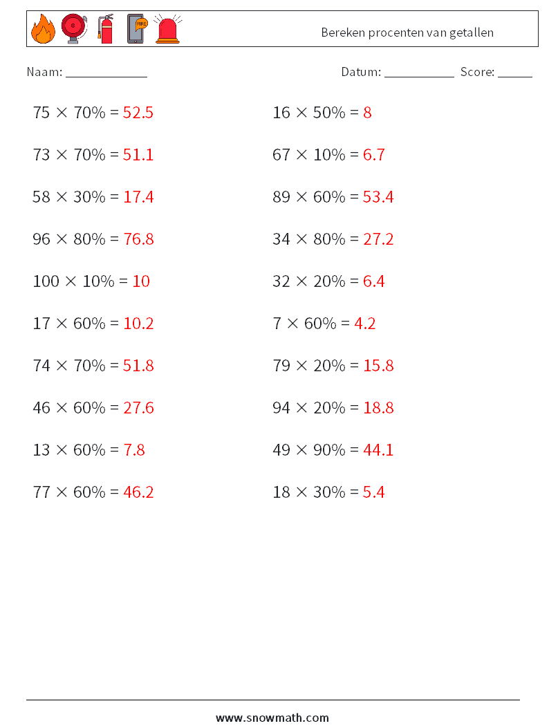 Bereken procenten van getallen Wiskundige werkbladen 6 Vraag, Antwoord