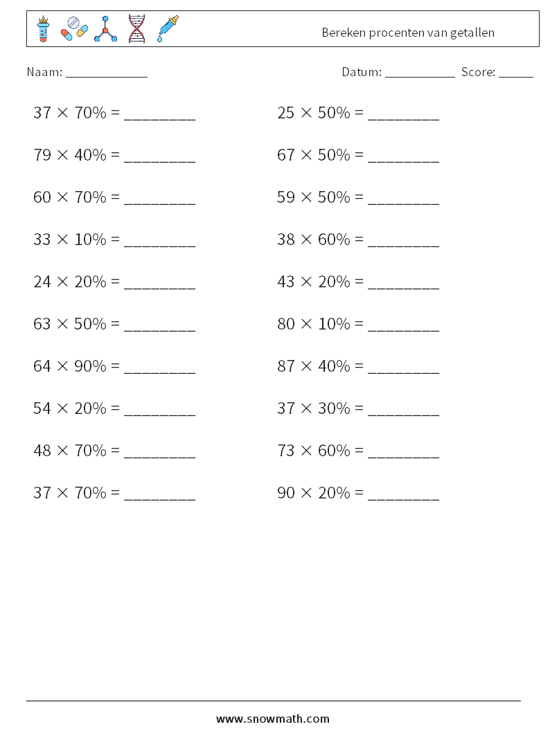 Bereken procenten van getallen Wiskundige werkbladen 8