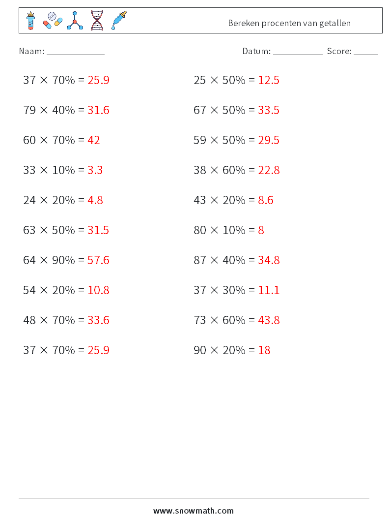 Bereken procenten van getallen Wiskundige werkbladen 8 Vraag, Antwoord