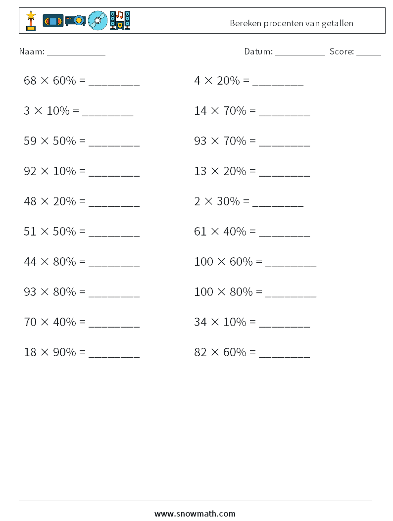 Bereken procenten van getallen Wiskundige werkbladen 9